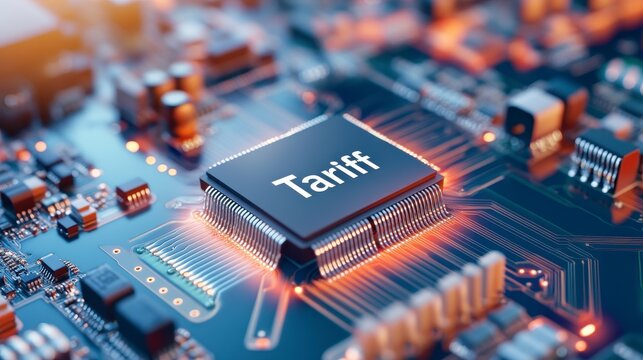 "Tariff on a Chip: A close-up, conceptual image showcasing the word 'Tariff' etched onto a microchip, illuminating the intricate details of technological components with radiant glow.
