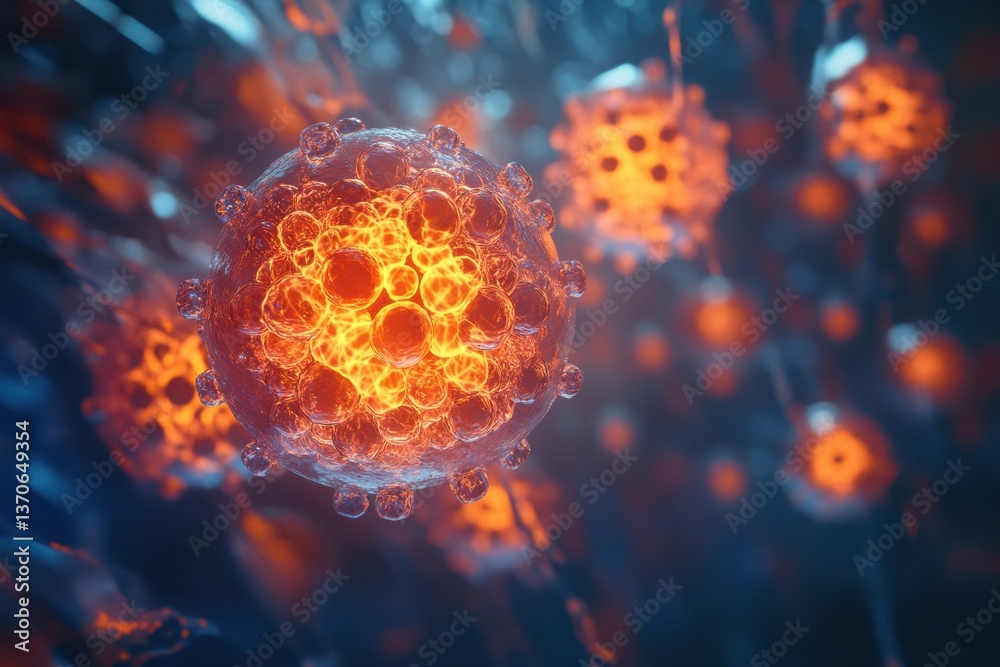 Aufkleber detailed 3d visualization of adeno-associated virus in glowing biofluid showcasing protein subunits 