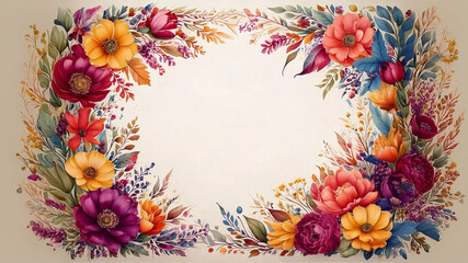 다채로운 꽃과 잎으로 구성된 수채화 스타일 프레임