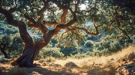 A large tree with many branches standing in a sunny clearing