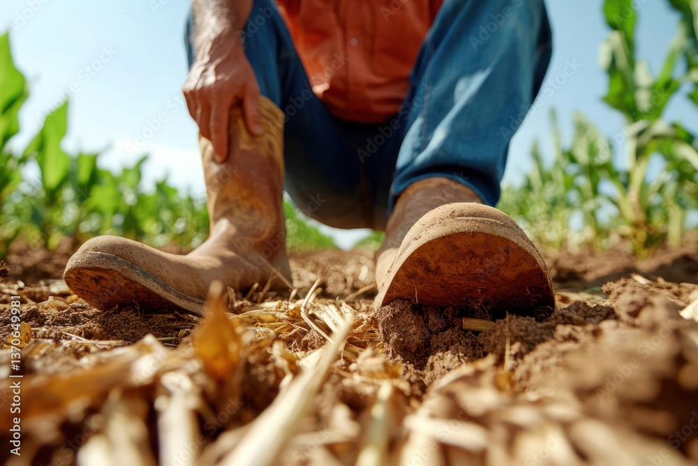 Poster close up shot of a person in footwear standing in a muddy field with growing crops under a clear sky