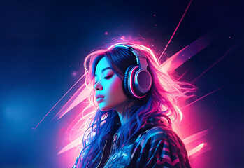 밤의 도시를 닮은 네온 컬러와 헤드폰을 쓴 여성