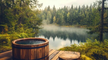 Wooden Barrel Calm Lake Misty Forest