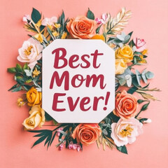 Colorful greeting card with the words Best Mom Ever on a pink background, decorated with roses. Perfect for Mother's Day, congratulations and gifts.