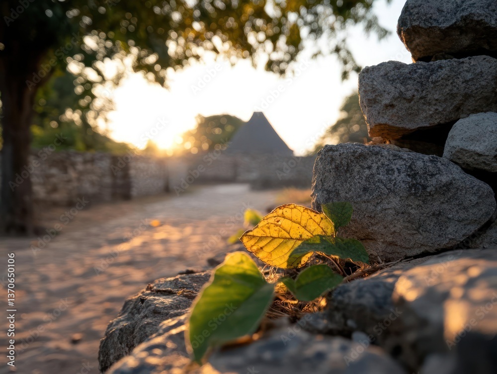 Aufkleber golden hour sunlight bathes stone walls and a structure in a landscape with a pathway leading to a d