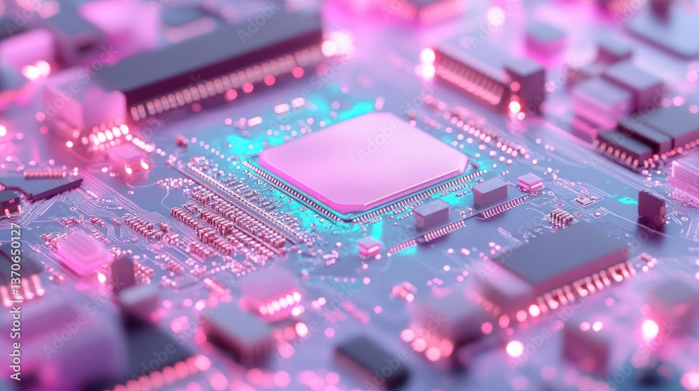 Aufkleber Close up of computer microchip circuit board with pink and blue neon lights and focus on central processor