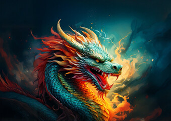 화려한 색상의 동양풍 용 일러스트 판타지 컨셉 디자인