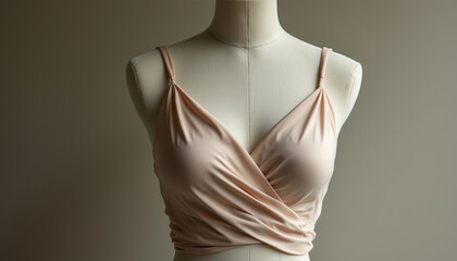 An elegantly draped camisole is positioned on a mannequin torso, showcasing its form fitting silhouette and enhancing its visual appeal