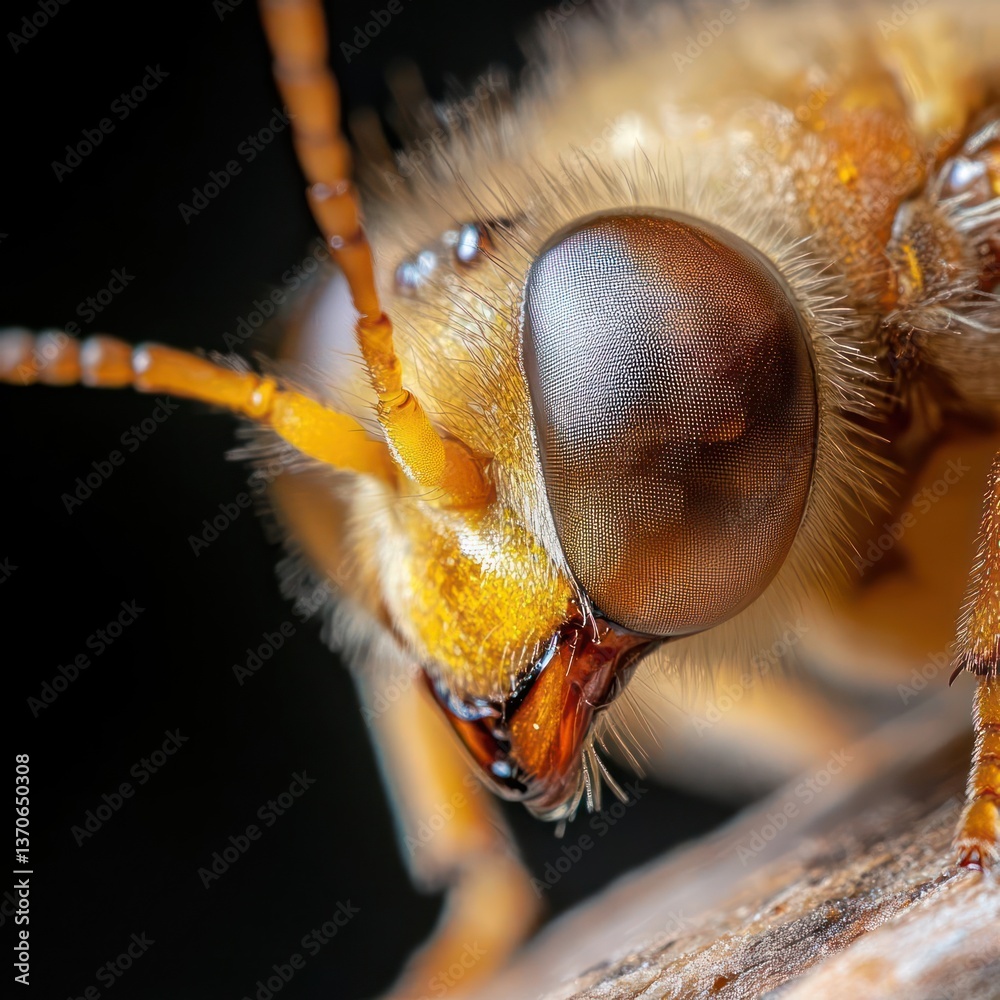 Poster close up of insect head showing compound eye and mouthparts with macro detail and dark background