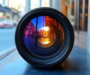 City Reflection in Lens: An artistic view through a camera lens, capturing a vibrant reflection of a bustling city scene. showcasing the interplay of light and color in a unique perspective
