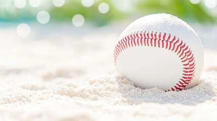 Soft-focus baseball in powdery sand, surrounded by pastel tones, evoking a dreamy atmosphere, inviting nostalgia and the essence of summer leisure.