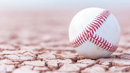 Surreal Baseball in Dreamlike Landscape, a floating baseball hovers over an abstract cracked earth, evoking a sense of wonder and imagination in a whimsical setting