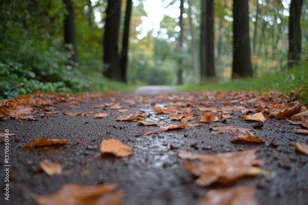 Poster A pathway through autumn forest with fallen leaves and tall trees with selective focus and bokeh effect