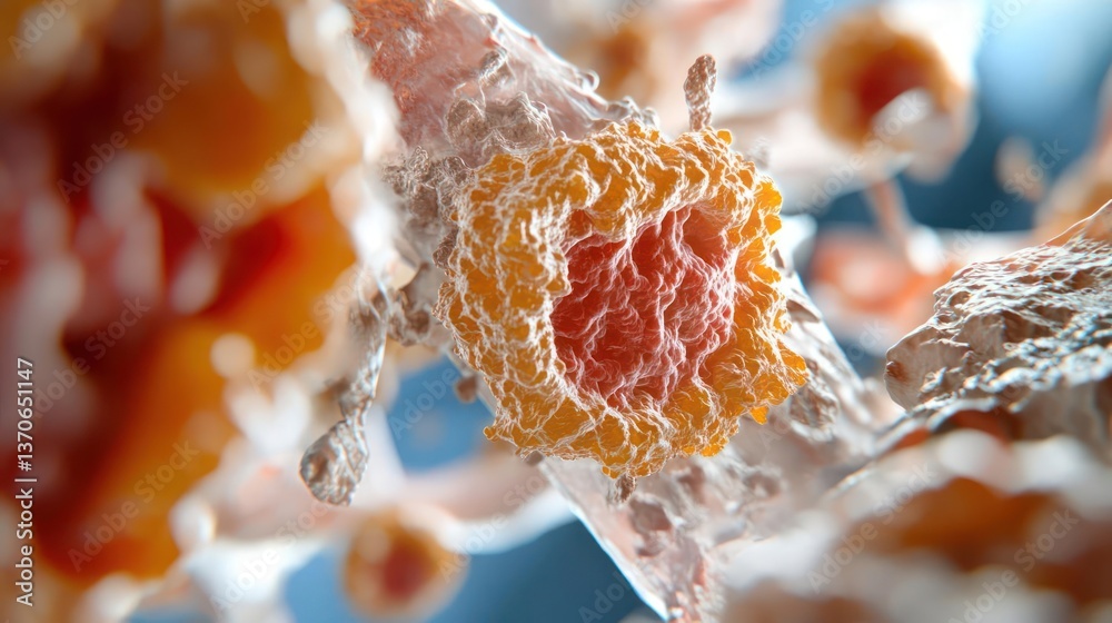 Leinwandbilder abstract cellular structure with vibrant orange and red core details. surrounded by translucent flui