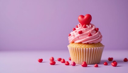 Cupcake with pink cream sprinkled with small red hearts, on purple background with copy space