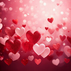 사랑스러운 핑크빛 배경 위로 떠다니는 반짝이는 하트들
