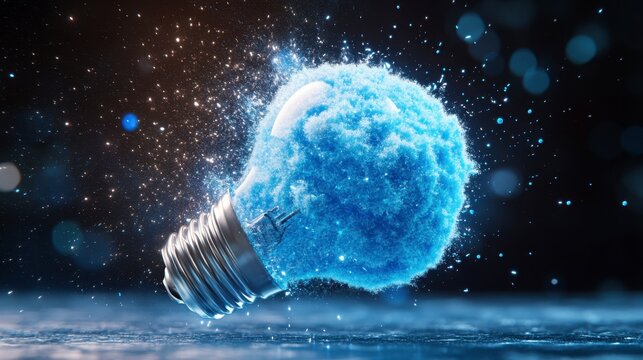 Abstract lightbulb made of blue particles, exploding with light and energy against a dark background. Glowing particles. 