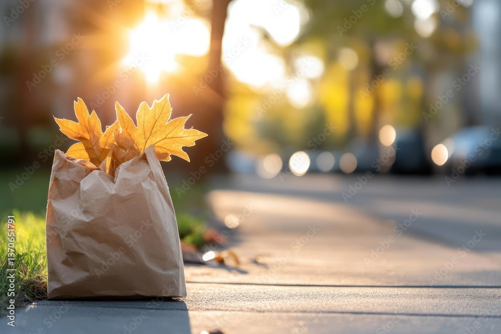 Aufkleber close up of paper bag filled with yellow autumn leaves on a sidewalk with bokeh background