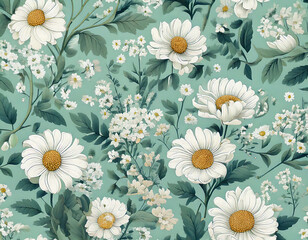 싱그러운 느낌의 흰색, 노란색 데이지 무늬 텍스타일 및 배경 활용