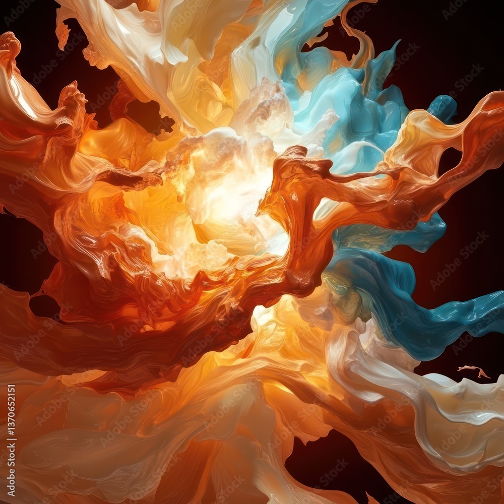Poster abstract fluid composition in vibrant orange teal colors dynamic swirls against dark background