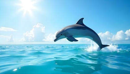 A dolphin leaps from the ocean under a bright, sunny sky filled with fluffy clouds