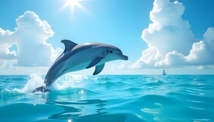 Fototapeta premium A dolphin leaps from the ocean under a bright, sunny sky filled with fluffy clouds
