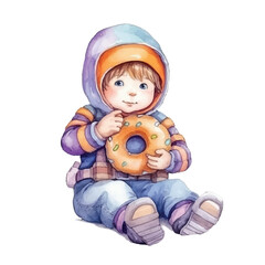 diver sitting on doughnut cute watercolors illustration on white background