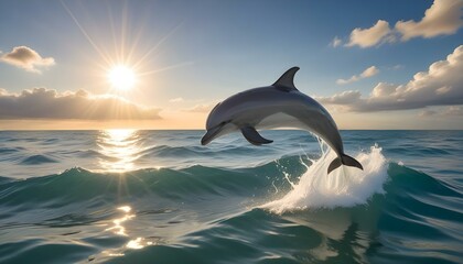 Fototapeta premium A dolphin leaps from the ocean under a bright, sunny sky filled with fluffy clouds