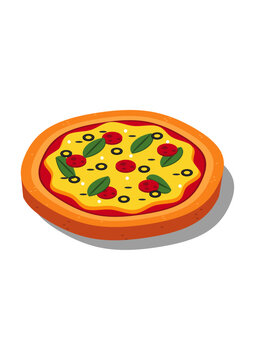 pizza vector shape, ingredients on pizza, white background illustration
