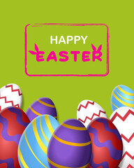 Vibrant Easter background with colorful 3D eggs in red, purple, blue, and white featuring zigzag and wavy patterns. 