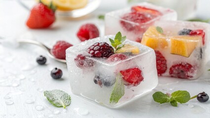 Frozen fruit inside an ice cube (white background, macro shot)