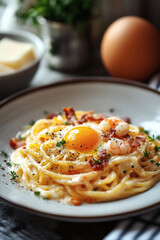 Fototapeta premium Creamy Pasta with Egg and Seafood