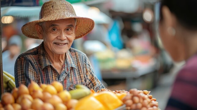 Smiling senior man selling fruits and vegetables at a market stall