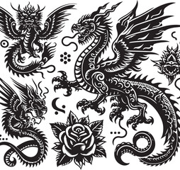 Tattoo Style Vector Bundle | Vintage Skull, Roses, Dragons, and Wild Animals Illustrations