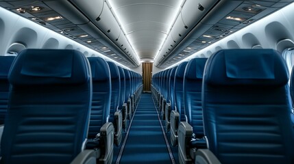 Fototapeta premium Modern airplane cabin interior with empty blue seats, air travel comfort, vacation holiday journey, transportation industry, sleek design