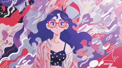 Illustration of a girl with glasses and long hair against a colorful abstract background
