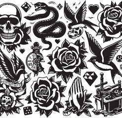 Tattoo Style Vector Bundle | Vintage Skull, Roses, Dragons, and Wild Animals Illustrations