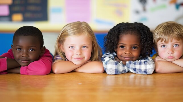 Four young multiethnic students are smiling and leaning on a desk in a classroom