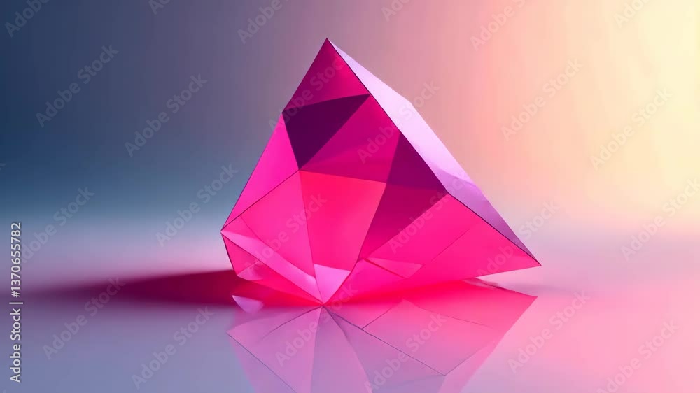 Aufkleber pink pyramid glows and rotates on reflective surface with soft light