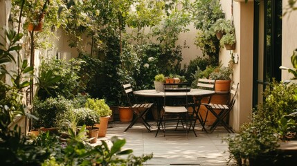 Obraz premium A cozy outdoor patio with lush greenery and a table