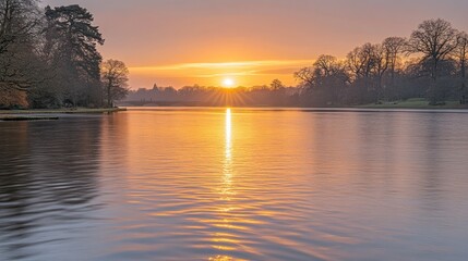 Obraz premium Sunrise over tranquil lake, peaceful scene