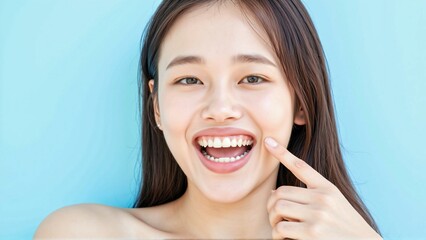 Smiling young woman showing off her sparkling white teeth - a captivating image of a confident expression and healthy smile, perfect for advertising teeth whitening products or dental care