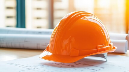 An orange hard hat rests on blueprints, symbolizing construction and safety in a professional workspace, with natural light enhancing the scene.