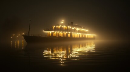 Fototapeta premium Boat shrouded in fog at night with warm lights reflected on the water.