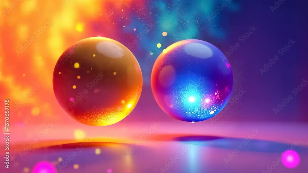Leinwandbilder two glowing orbs hovering over reflective surface with colorful particles