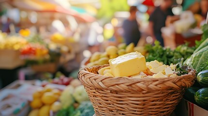Fototapeta premium fresh homemade butter in tray selling at local market bustling street, people shopping