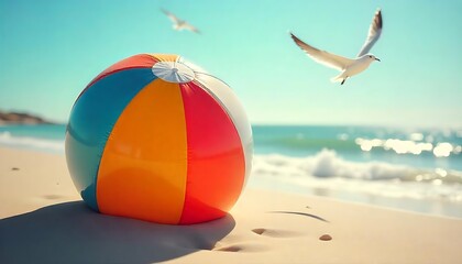 Obraz premium Colorful Beach Ball on Sandy Shore with Seagulls and Ocean Waves