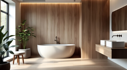 Fototapeta premium modern minimalist bathroom with freestanding oval bathtub and light brown wood wall panels