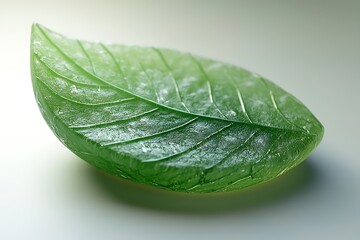 A button shaped like a smooth, curving leaf, with a soft green hue and subtle veins, representing nature and growth