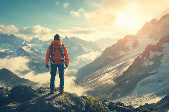 Adventurer gazes over majestic mountain range at sunrise in tranquil alpine landscape